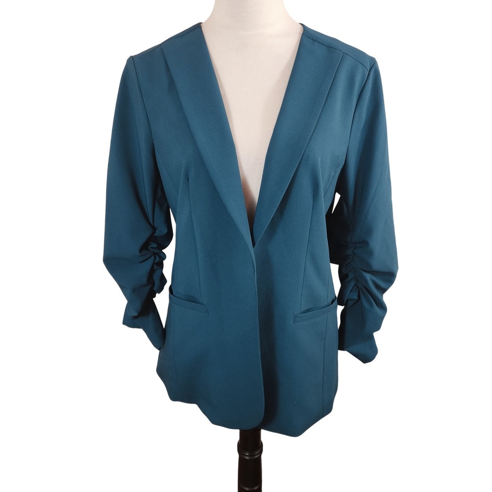 Skies Are Blue Womens Teal Ruched 3/4 Sleeve Open Front Blazer Jacket Size L